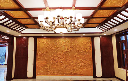 阳江镇中式别墅客厅中式木作横梁吊顶装饰展示
